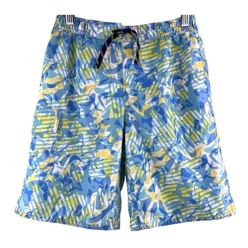 L.L. Bean Boys BeanSport Swim Shorts Yellow Sun Camo Blue Size 10 UPF 50+ NEW